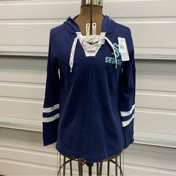 NWT NHL Seattle Kraken Hockey Womens Navy L/S Lace-Up Hooded T-Shirt - Picture 1 of 5